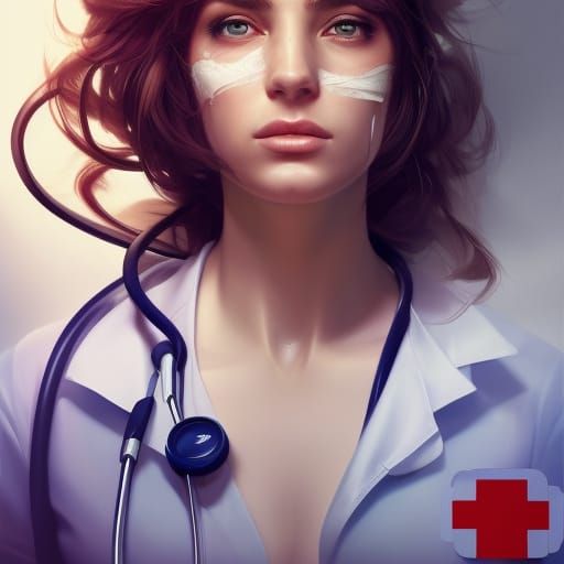 Brunette Nurse Portrait in Hyperdetailed Digital Art