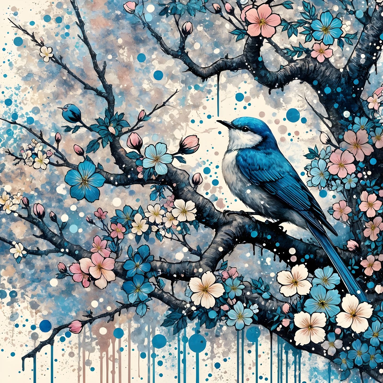 Blue Bird in Blossoms, Ukiyo-e Style
