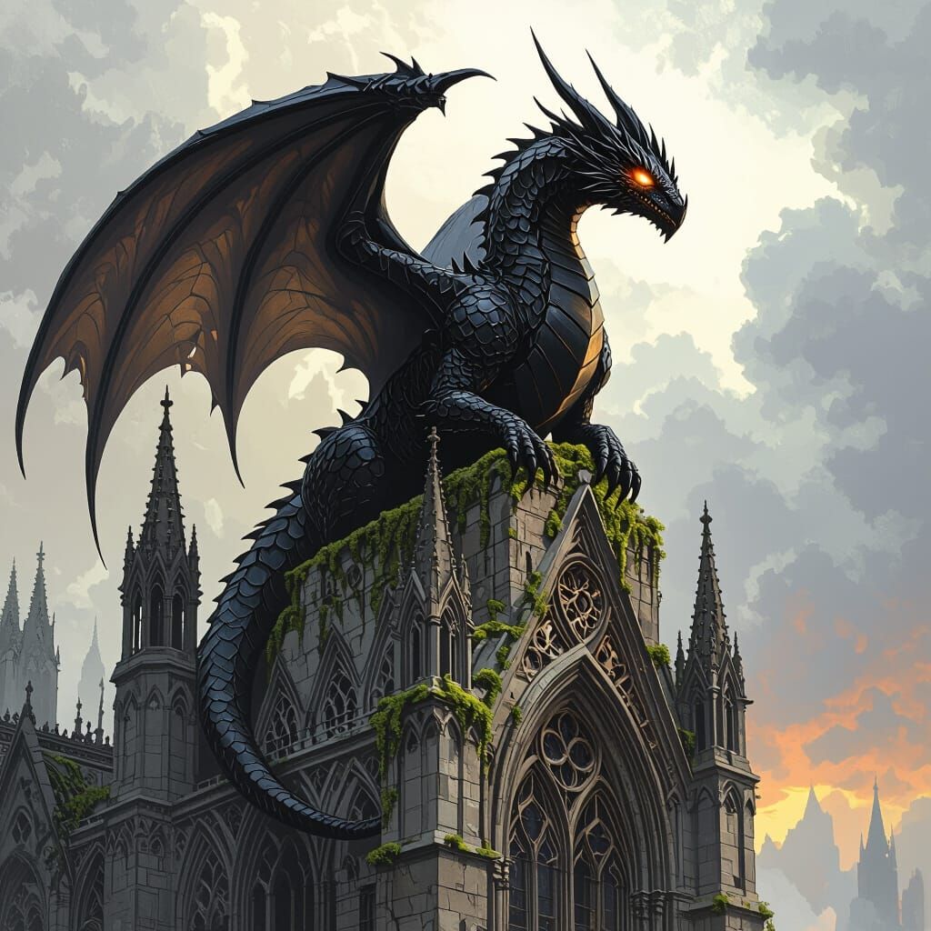 Obsidian Dragon Perched on Gothic Cathedral
