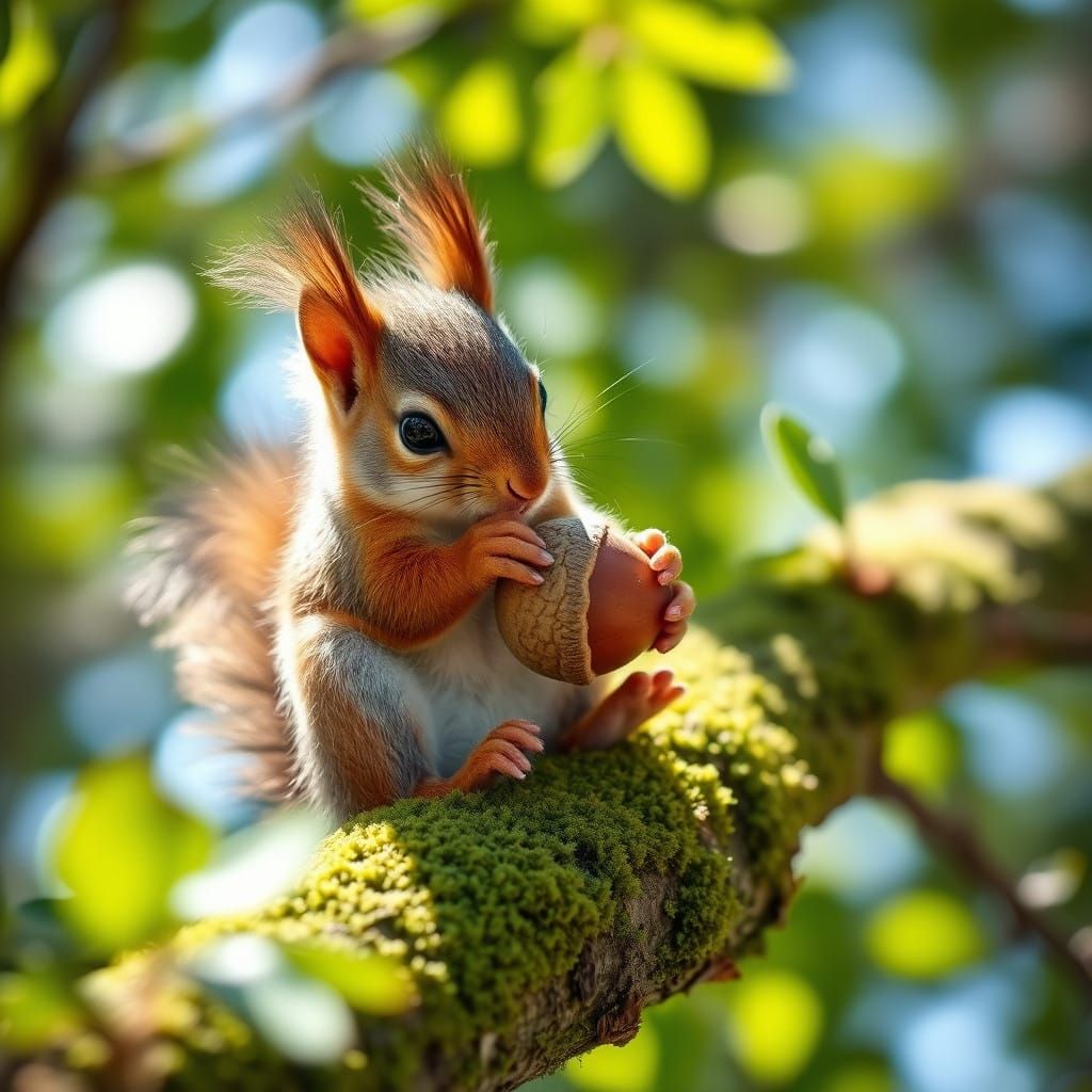 Surreal Wildlife Scene with a Baby Squirrel Eating Acorn in....