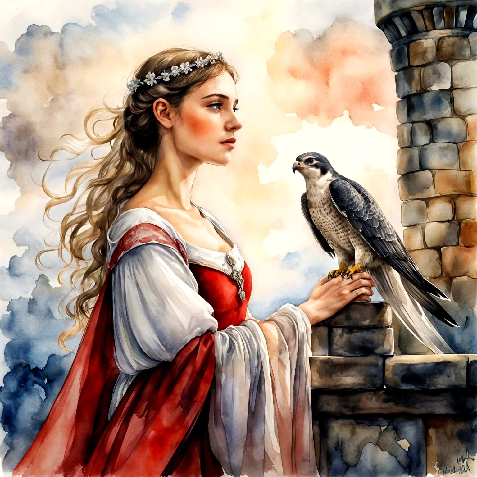 Medieval Maiden with Falcon Amidst Sunset