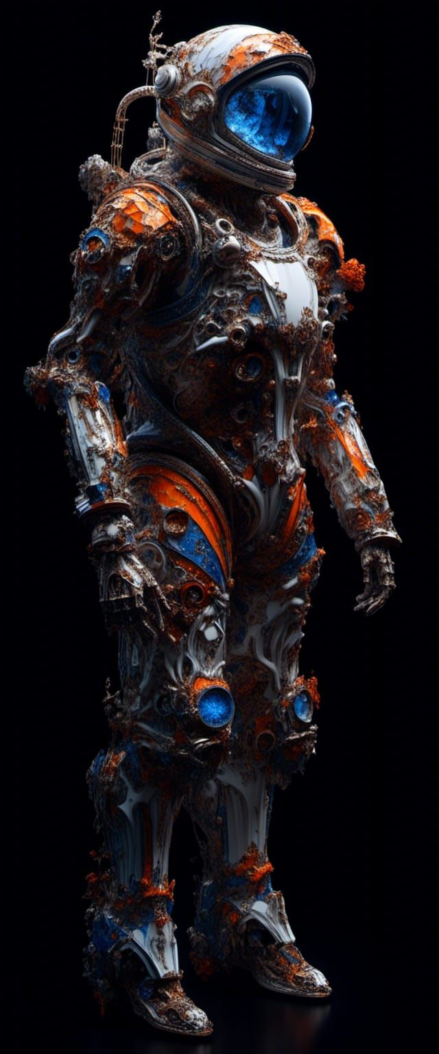 <lora:Impax:1.0> Blue and orange and white spacesuit photorealistic white background polished elegant intricate futurist...
