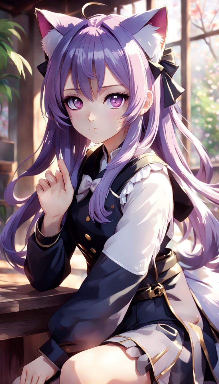 Anime Girl with Purple Eyes and Hair Sits Elegantly with Cat...