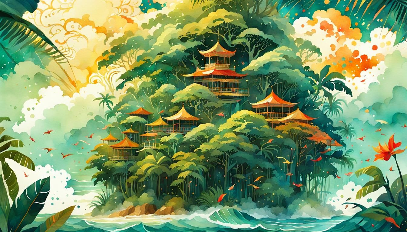 Tropical Island Watercolor Painting with Summer Flowers