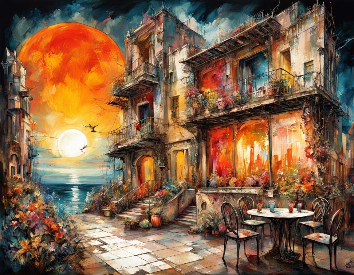 Abstract Sunset Dinner Scene as Impasto Painting