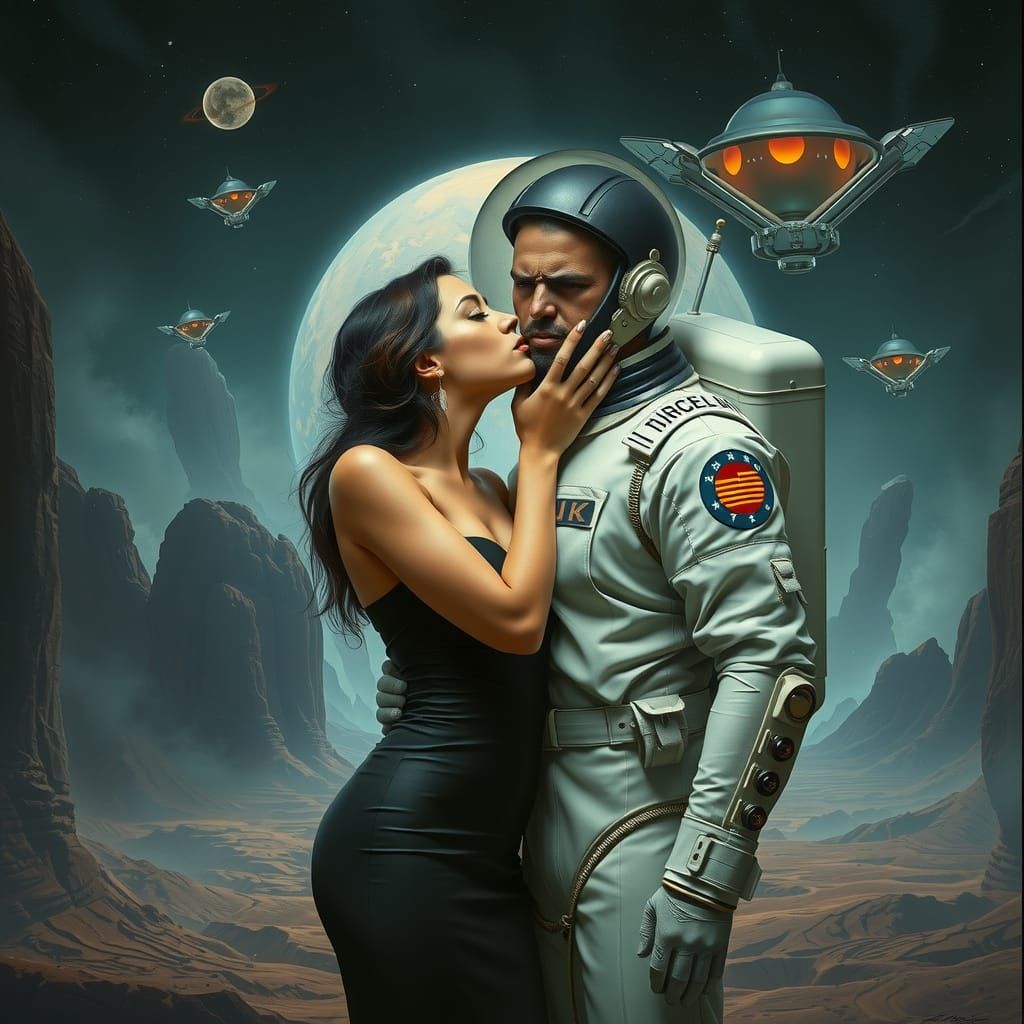 Futuristic Kiss on Haunted Planet, in Digital Art Style
