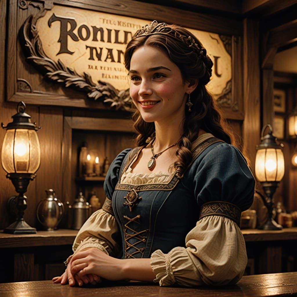 Rustic Tavern Sign Featuring Brunette Maiden