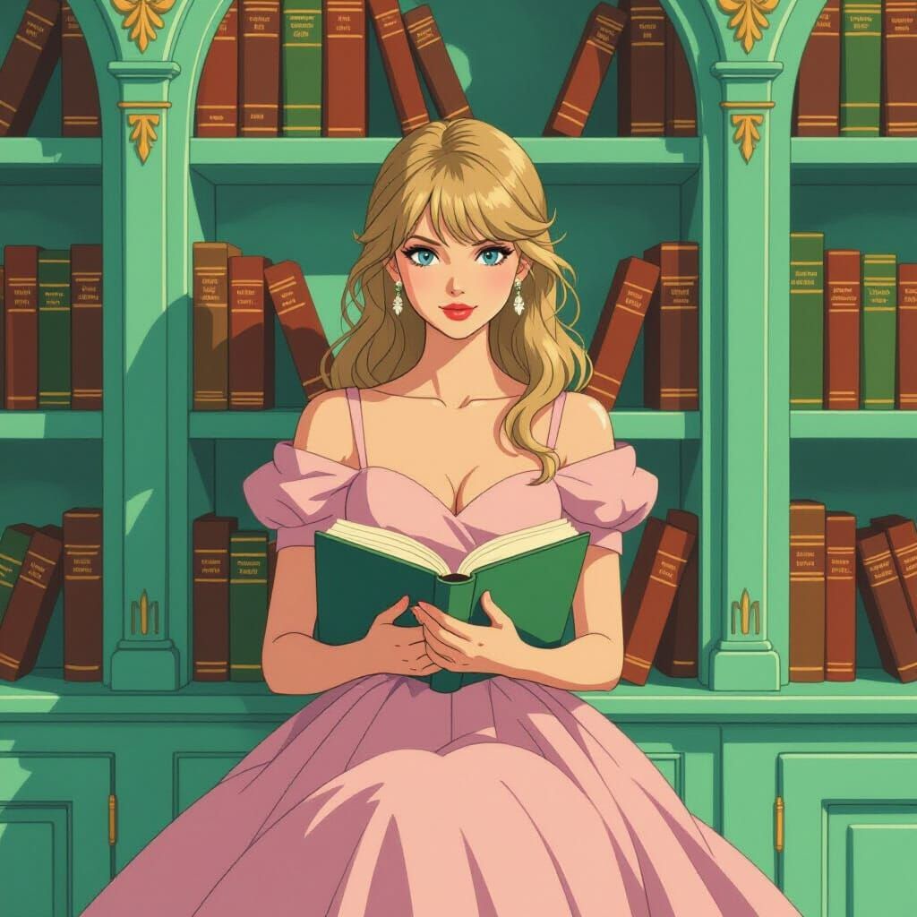 Taylor Swift in Whimsical Bookshelf Scene, Ghibli-Inspired