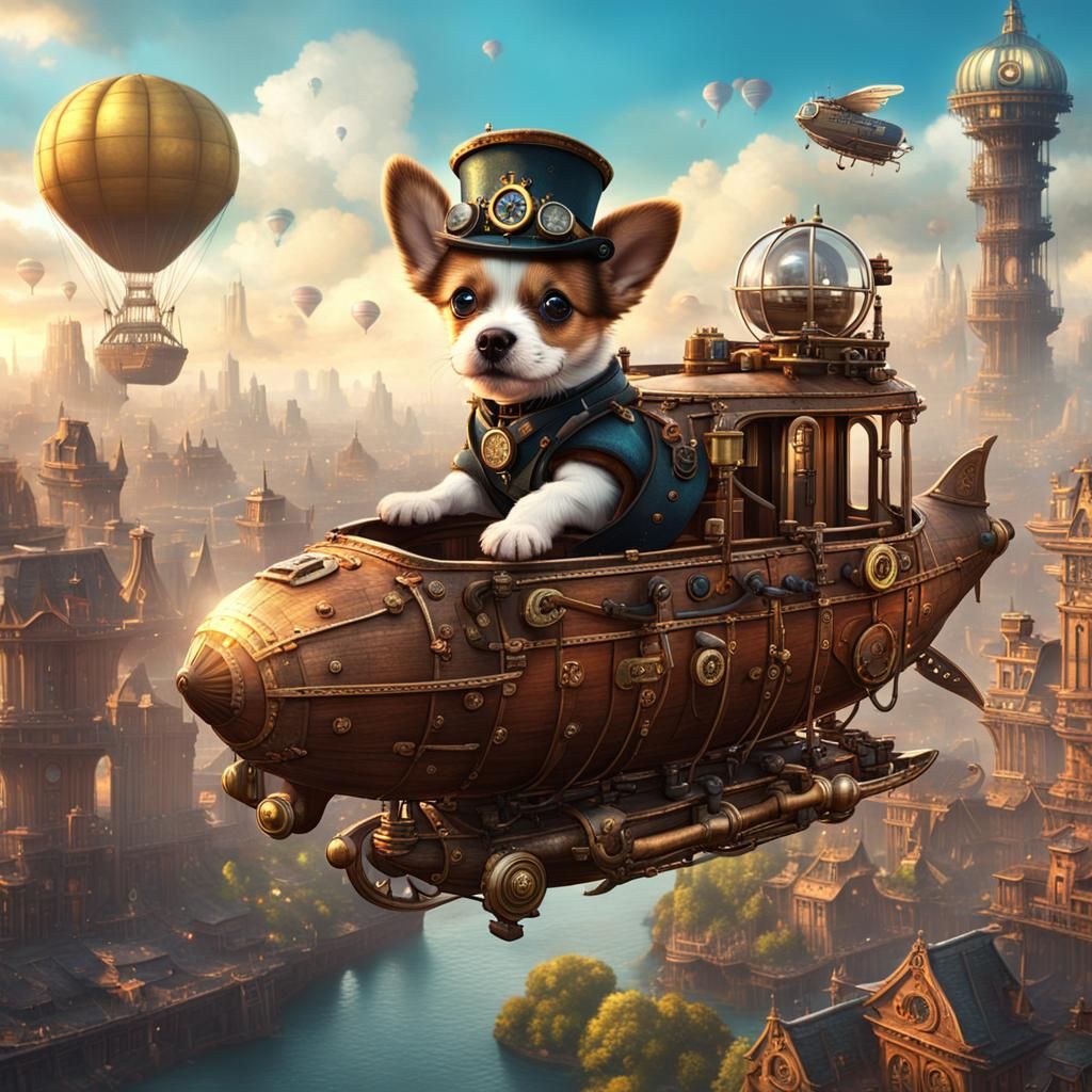 Puppy Piloting Steampunk Airship Over Cityscape