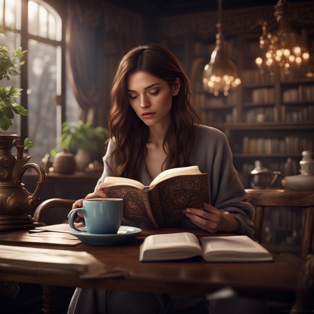 Brunette Girl Reading: Detailed Fantasy Art