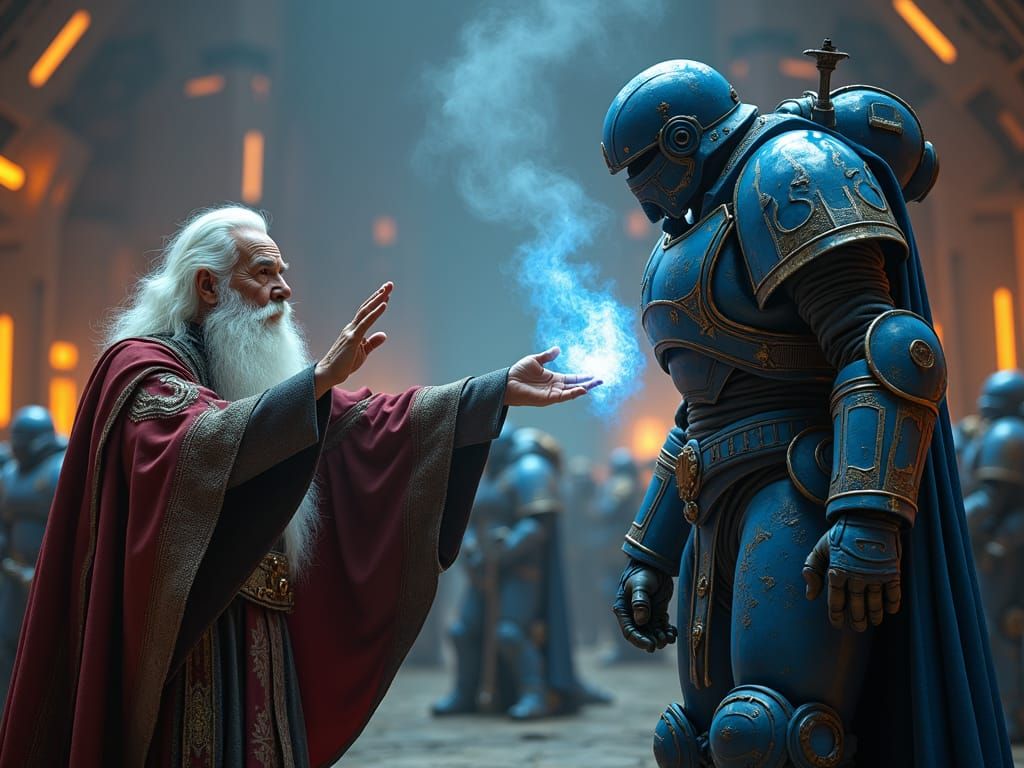 wizard Gandalf Casting Spell against A Space marine