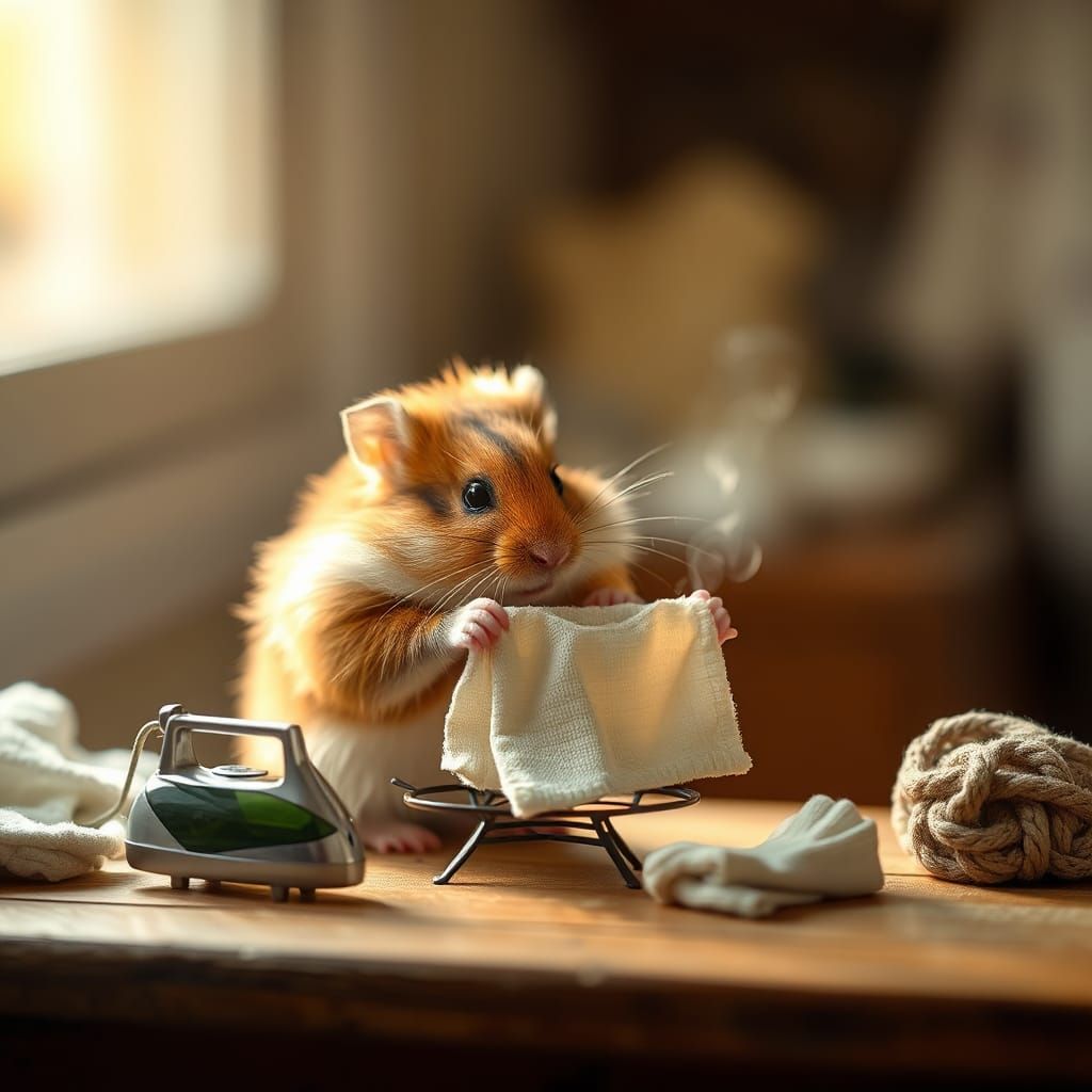 Hamster Ironing Tiny Clothes: A Serene Still Life