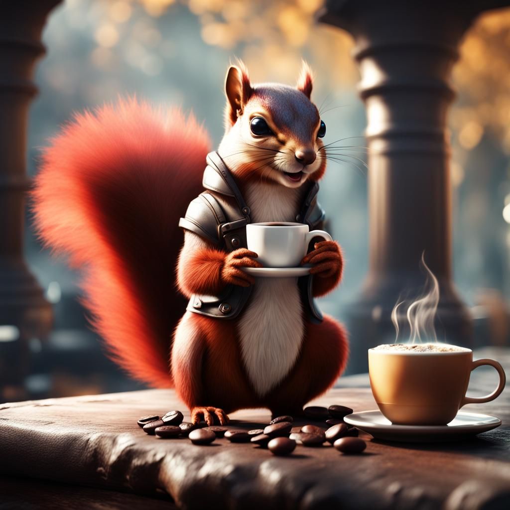 Hyperrealistic Coffee-Drinking Squirrel in Detailed Matte Pa...