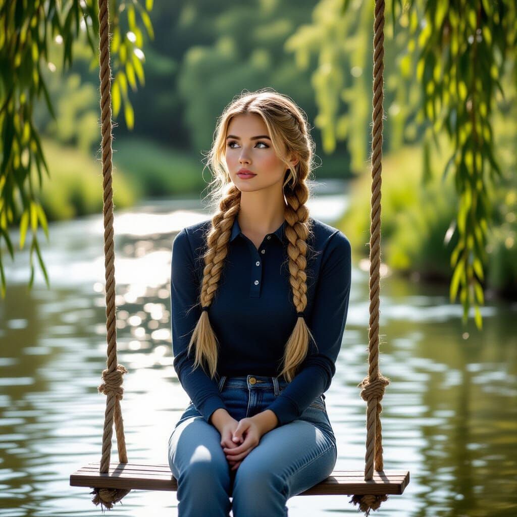 Woman on River Swing in Photorealistic Style