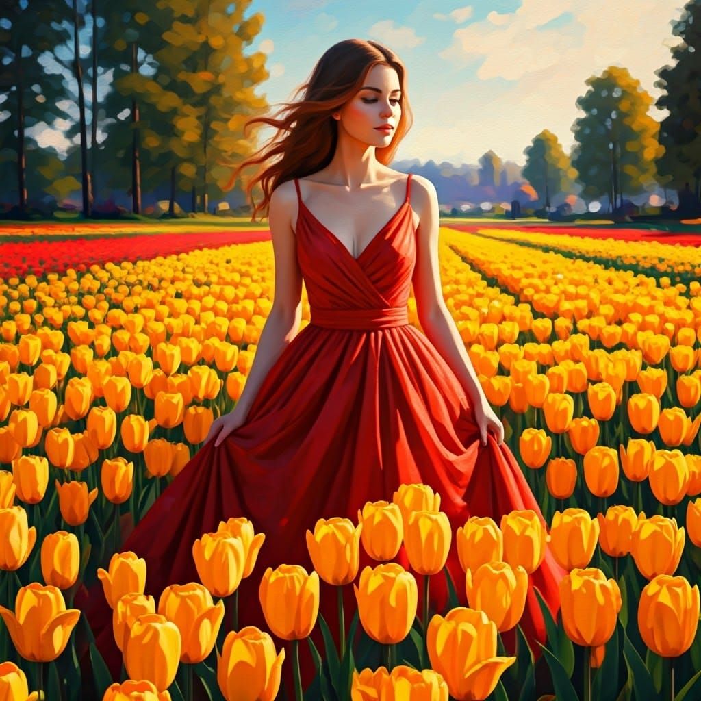 Woman in Red Dress in Tulip Field: Impressionism