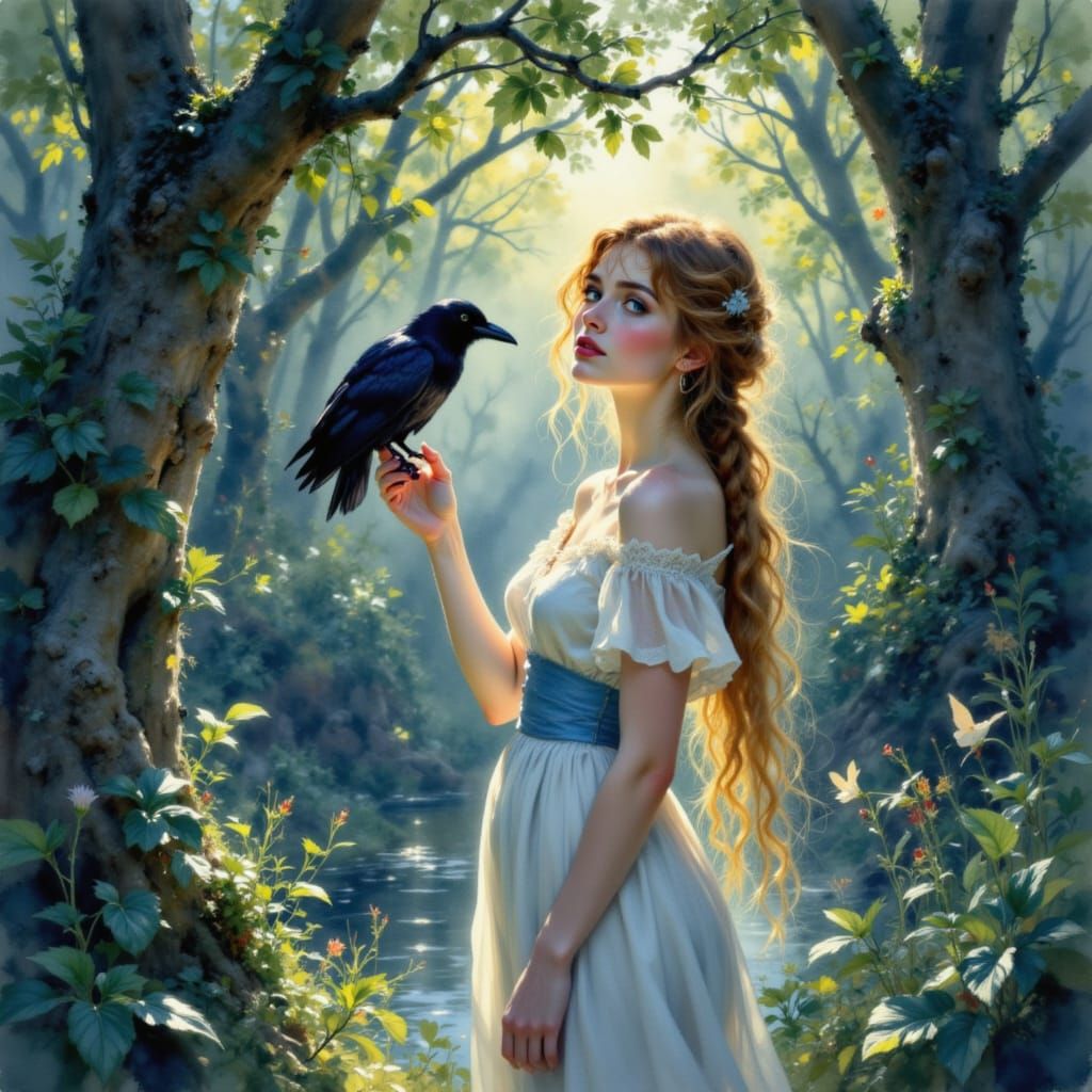 Serene Lady With Raven in Sunlit Forest
