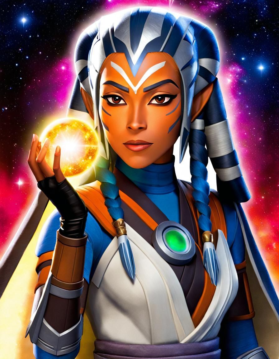 Ahsoka Tano Holding the Universe: Holographic Illustration