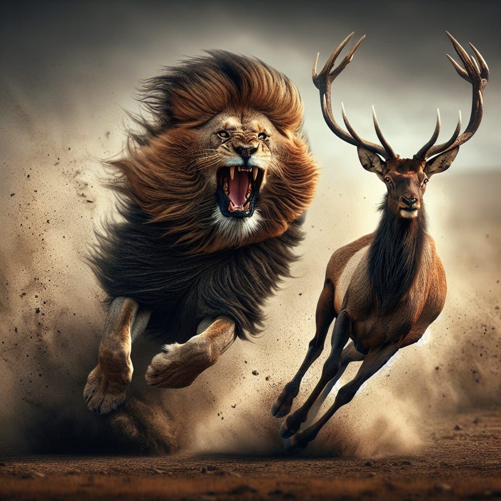 Lion Chases Elk Across Dusty African Plains
