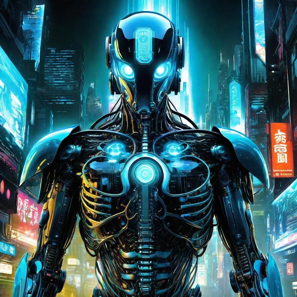 Bioluminescent Cyborg Animal in Cyberpunk Cityscape
