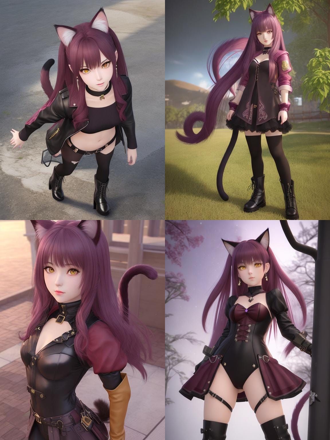 Anime Neko Girl with Burgundy Hair, Digital Illustration