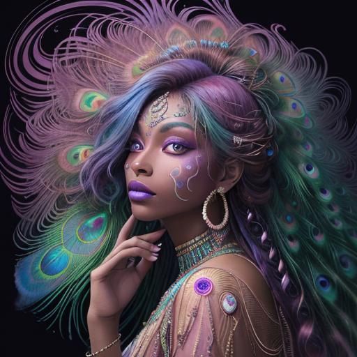 Rainbow Woman with Peacock Feathers, Visionary Art