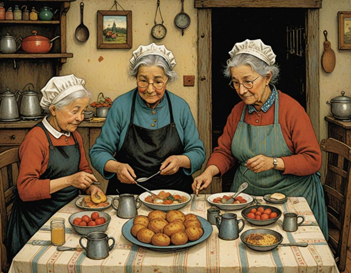 Whimsical Family Mealtime Scene in a Vintage Style