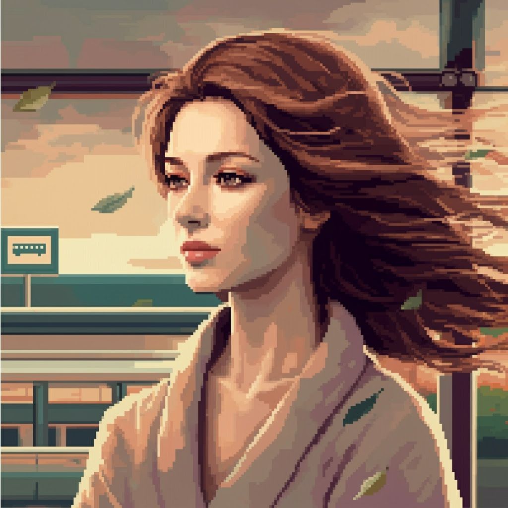 Pixel Art Woman Waiting at Bus Stop on Windy Day