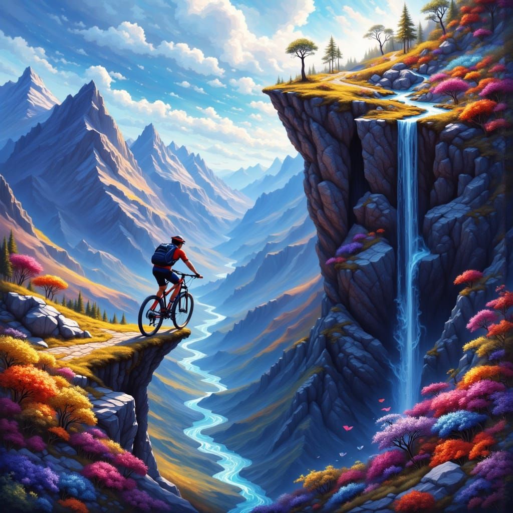 Mountain Biker on Cliff in Specular Impressionism