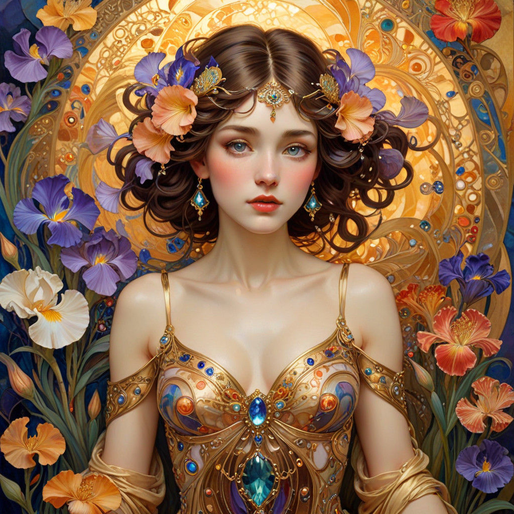 Golden Klimt-Inspired Oil Painting of Vibrant Iris Blooms