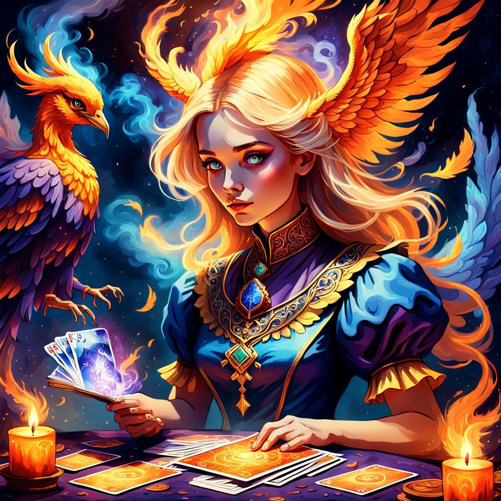Phoenix Reading Tarot Cards in Fantasy Oil Painting