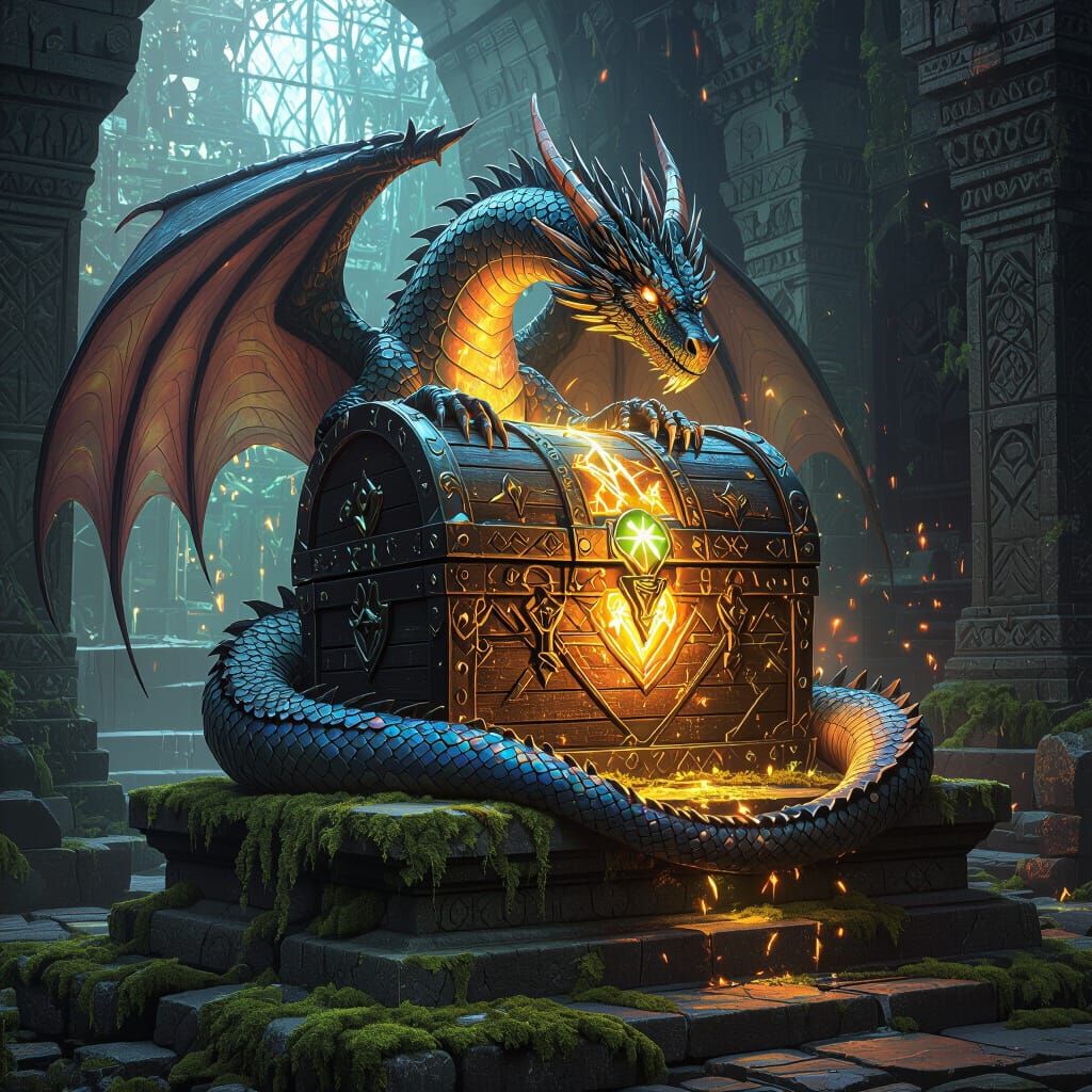 Majestic Dragon Guarding Enchanted Treasure Chest
