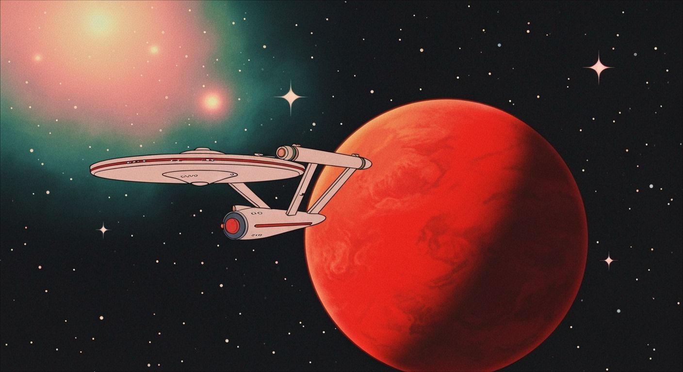 Starship Enterprise Orbits Red Planet in Vintage Cartoon Sty...
