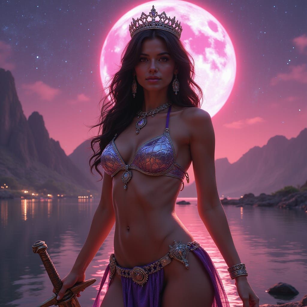 Slender Space Warrior Princess in Vibrant Alien Landscape