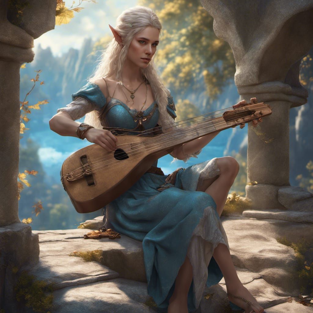 Half Elf Bard Playing Viol in Detailed Digital Painting