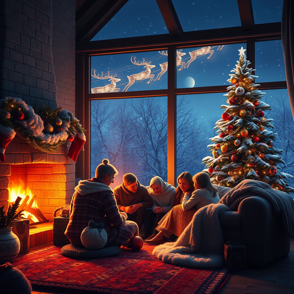 Cozy Christmas Eve Family Scene in Digital Art Style