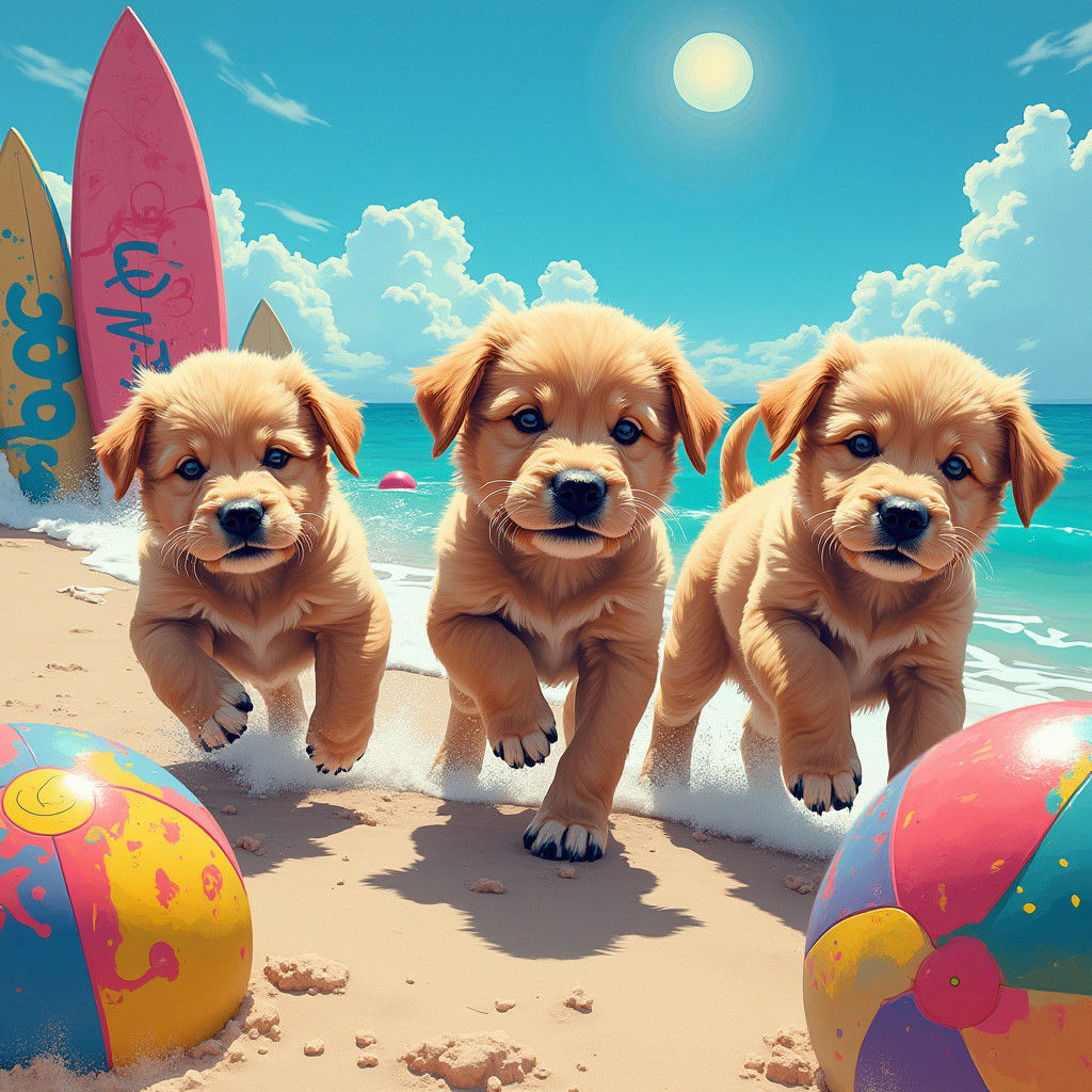 Playful Puppies Frolic on Graffiti Beach as Digital Art