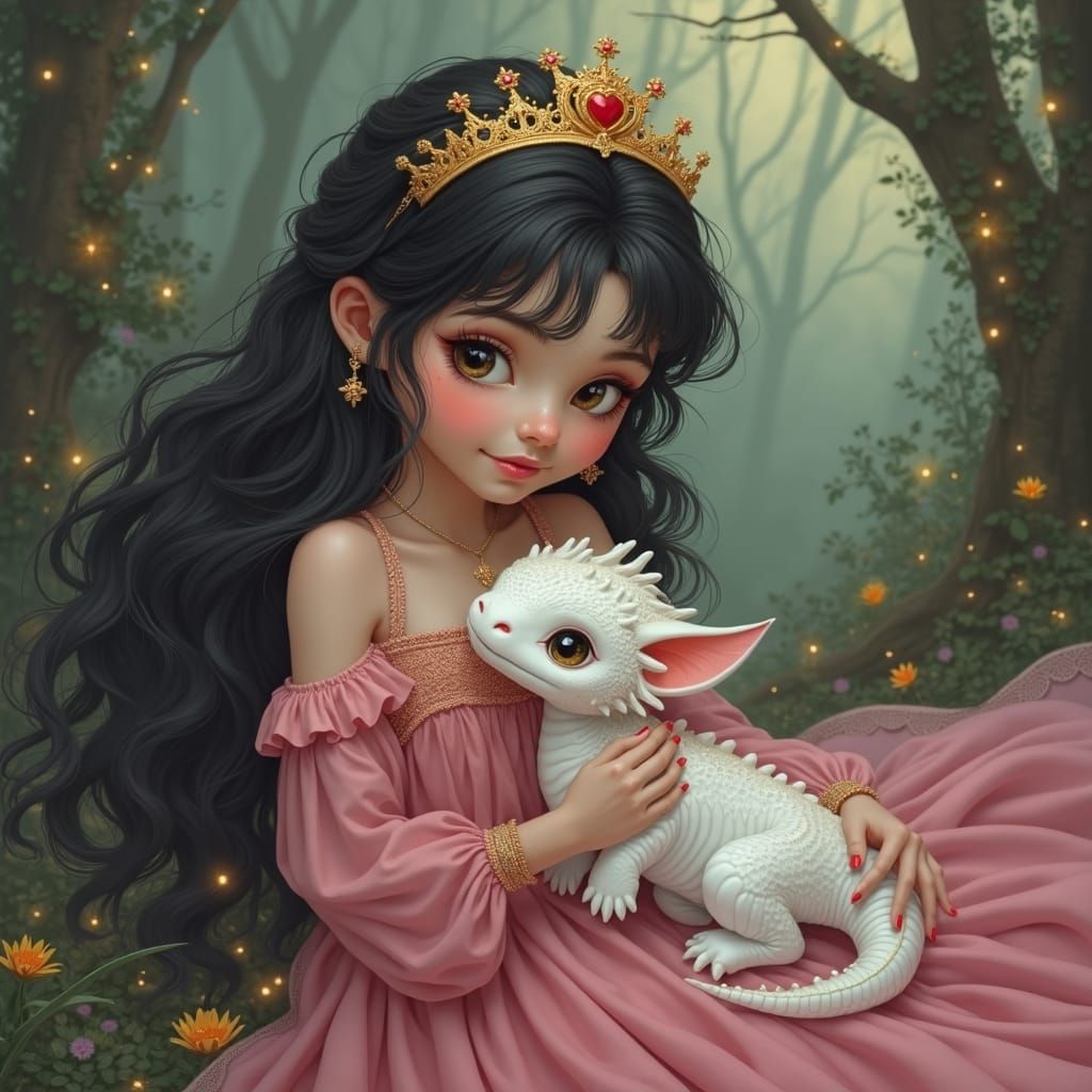 Fairytale Princess with White Dragon in Dreamy Forest