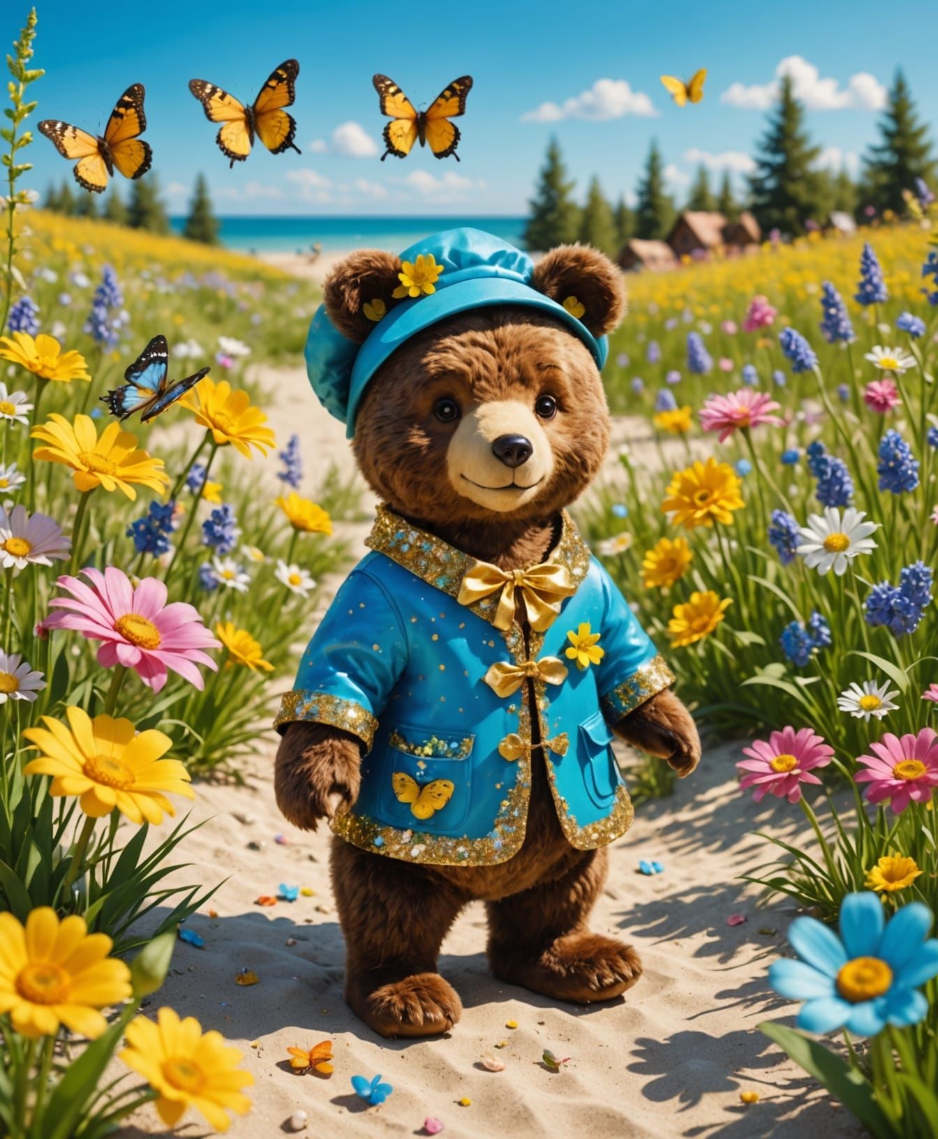 Vibrant Bear Celebrates Spring in Colorful Beach Scene