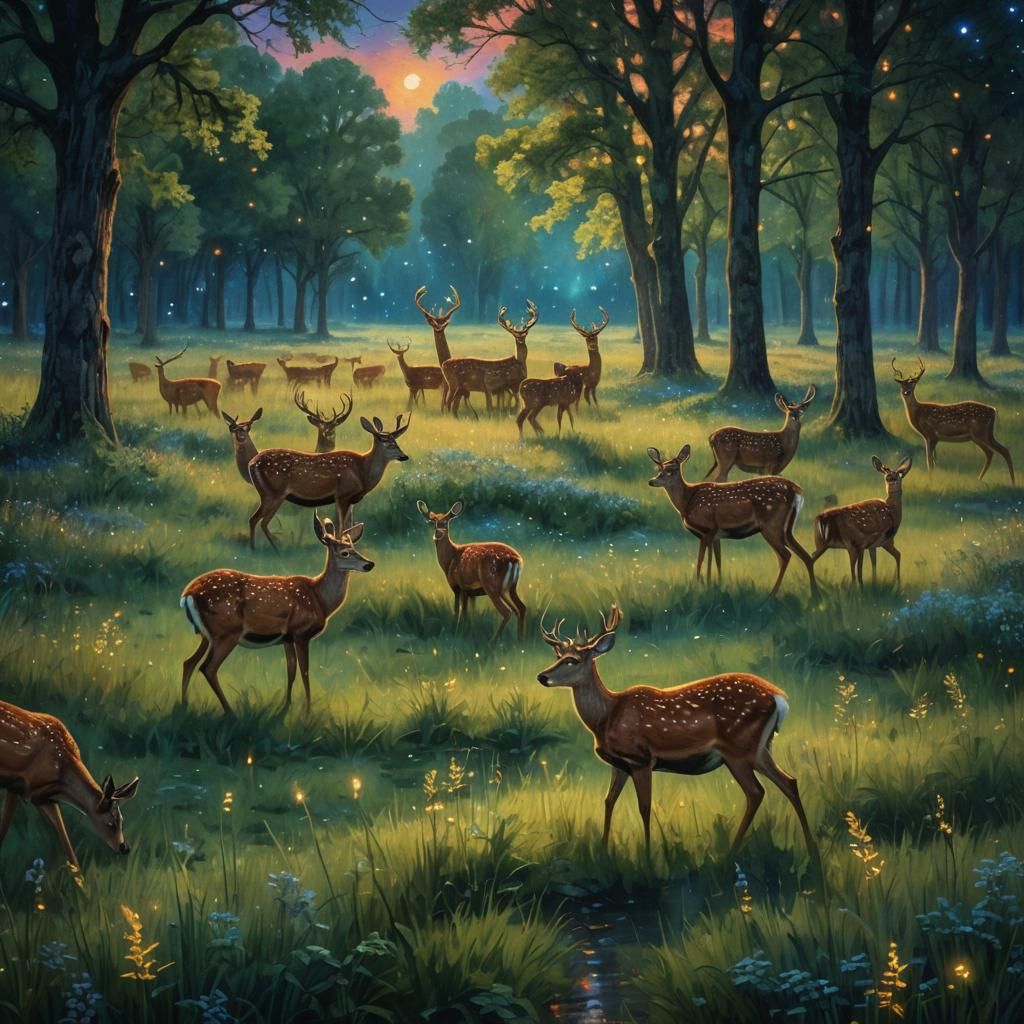 Deer Grazing in Meadow: Impressionist Fantasy Art