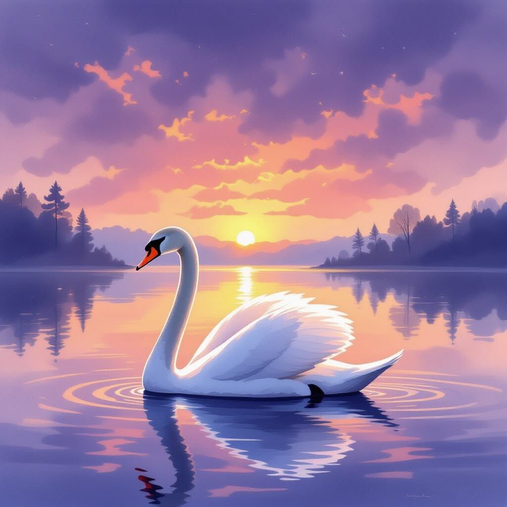 Majestic Swan Gliding on Twilight Lake in Autumn