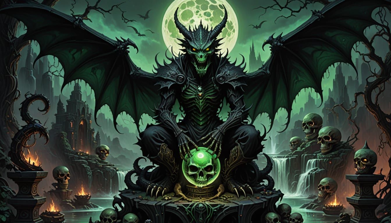 Skeletal Dragon Lord with Glowing Orb on Skull Pedestal