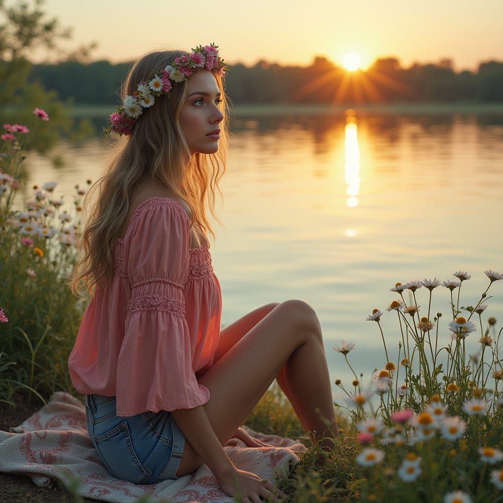 Boho Woman Daydreaming by Lakeshore in Fantasy Art