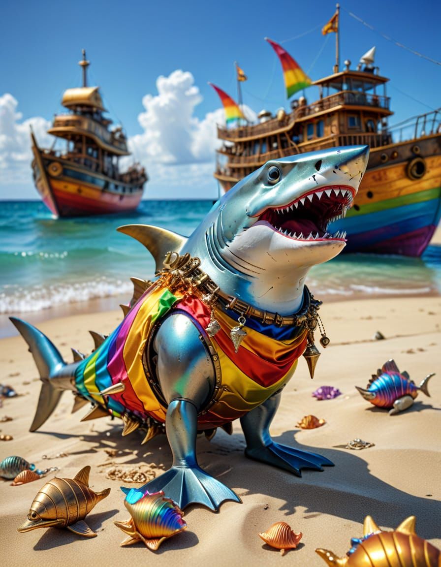 Steampunk Beach Vacation with Shark in Silk Dress