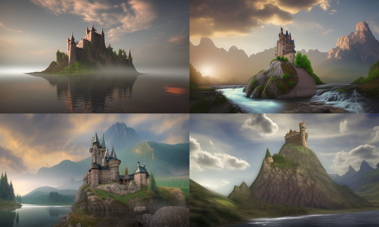 Mountain Castle with River: Photorealistic Illustration