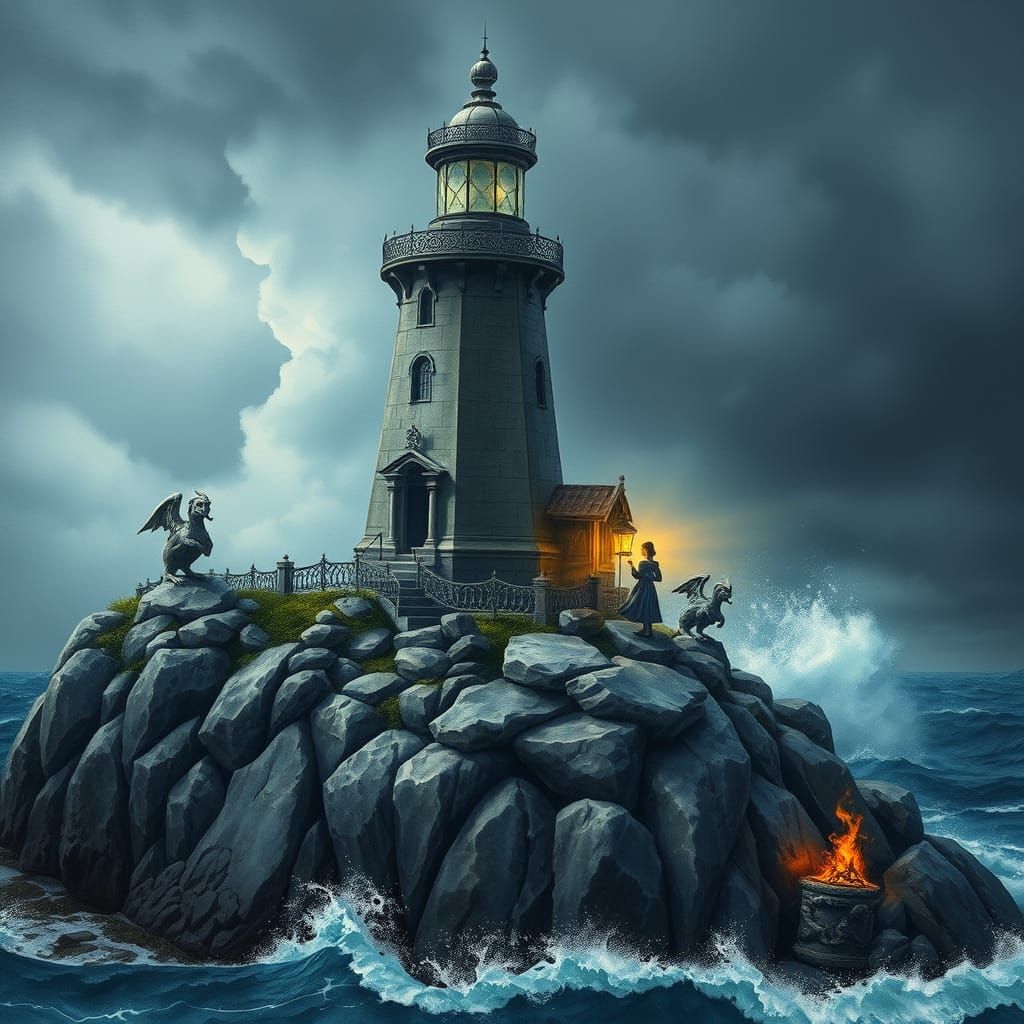 Gothic Lighthouse Keeper in Stormy Night, Watercolor Style