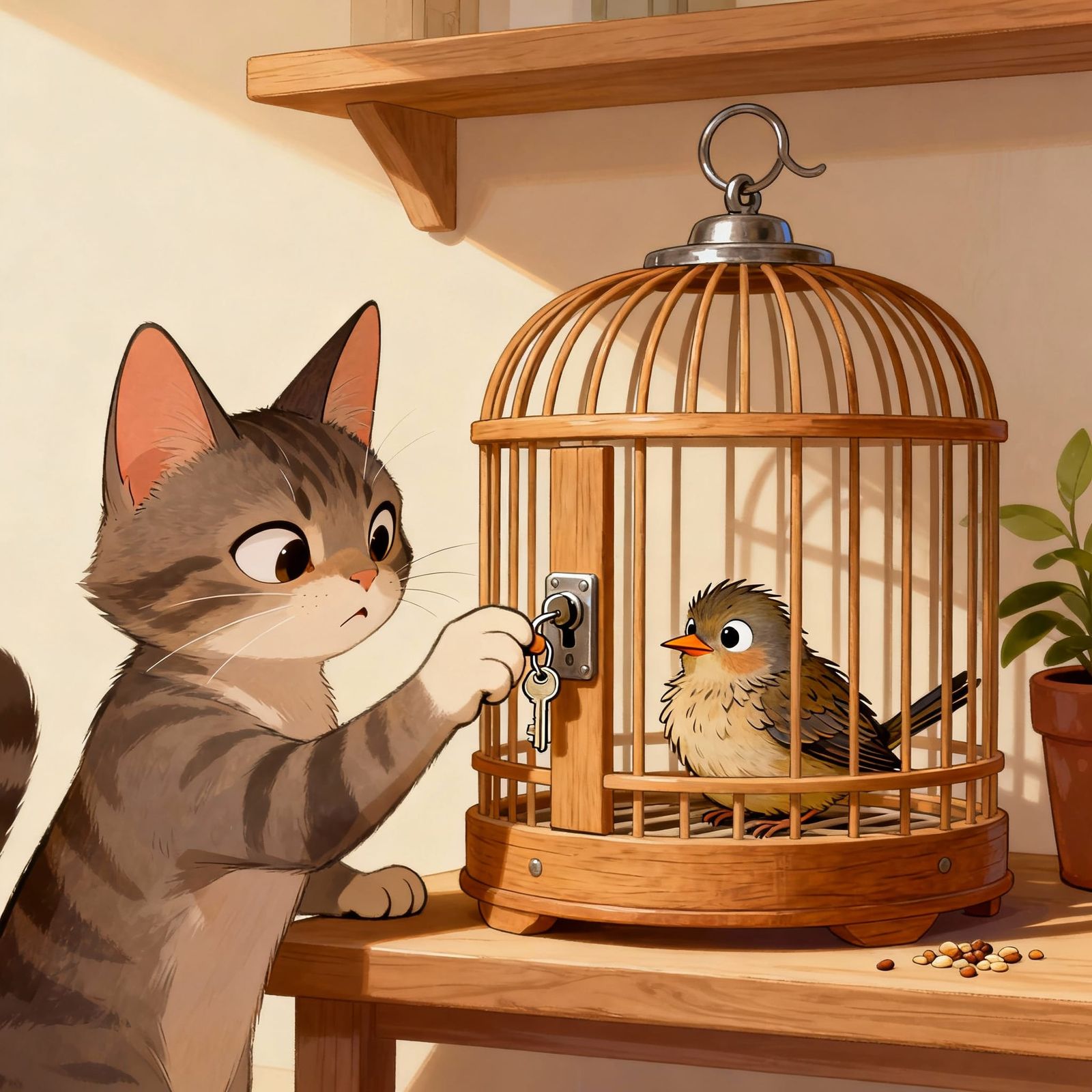 Mischievous Cat Unlocks Bird Cage with Key