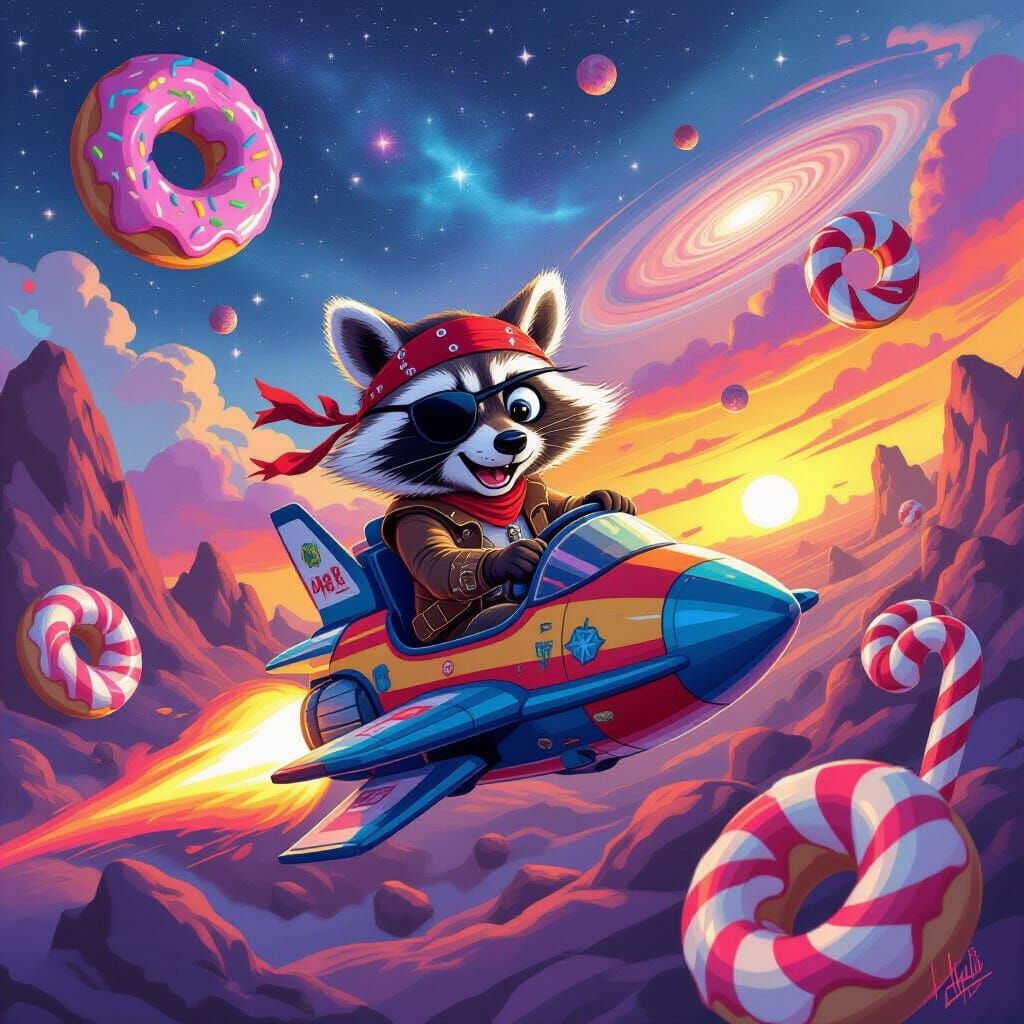 Pirate Raccoon Piloting Spaceship Through Candy Asteroids