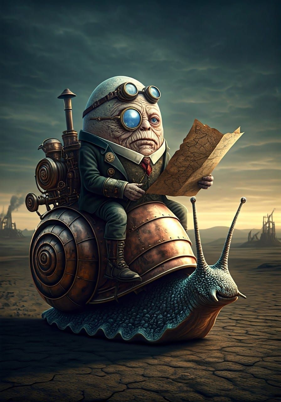 Steampunk Egg Rides Snail Through Wasteland