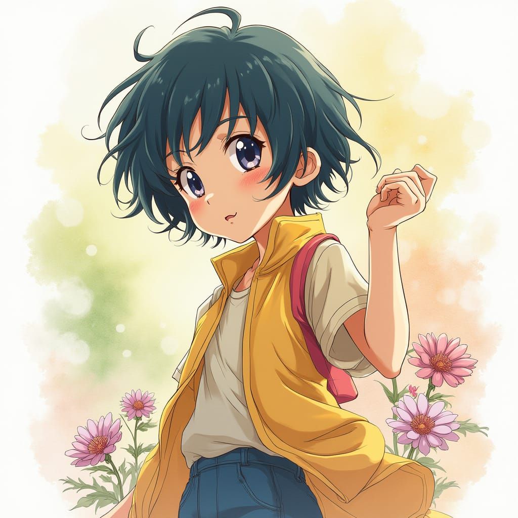 Detailed Anime Character with Watercolor Background