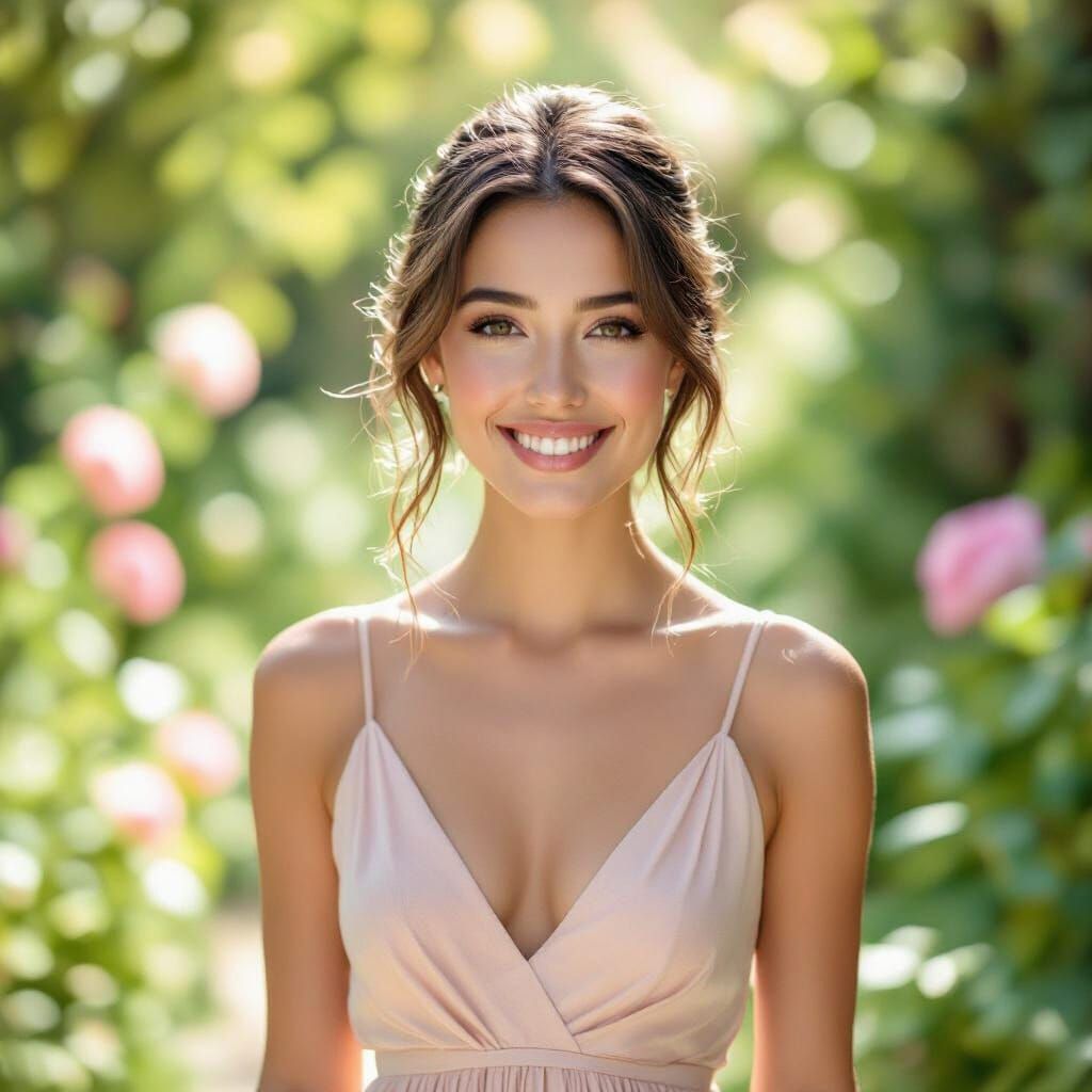 Young Woman Smiling in Sunlit Garden DSLR Photo